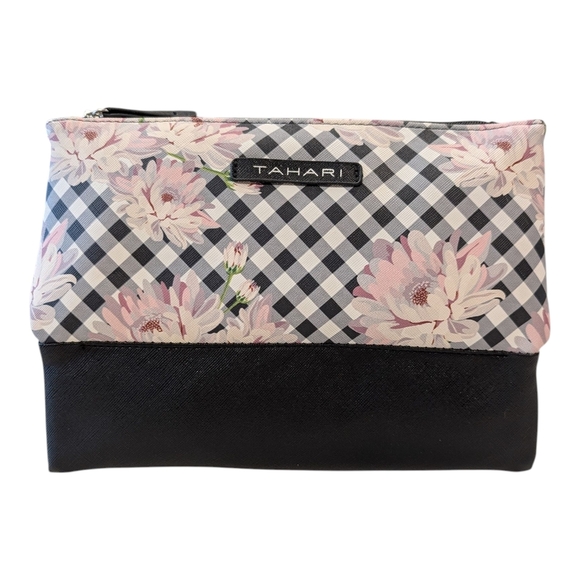 Tahari Handbags - Tahari Black and Gray Checkered Floral Cosmetic Bag